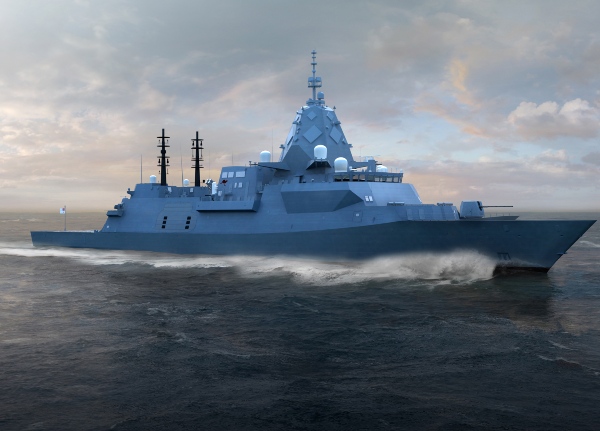 Computer generated image of a Hunter class frigate moving across water.